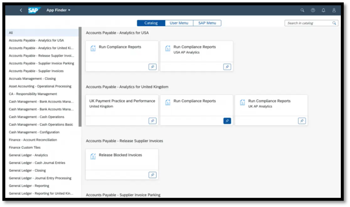 SAP Fiori Launchpad App Finder Component GUI